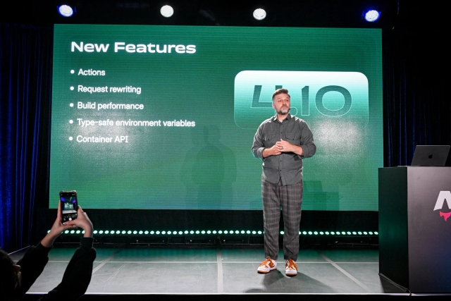 Matthew Phillips speaking on stage, introducing new features from Astro 4.10: Actions, request rewriting, build performance, type-safe environment variables, and the Container API.